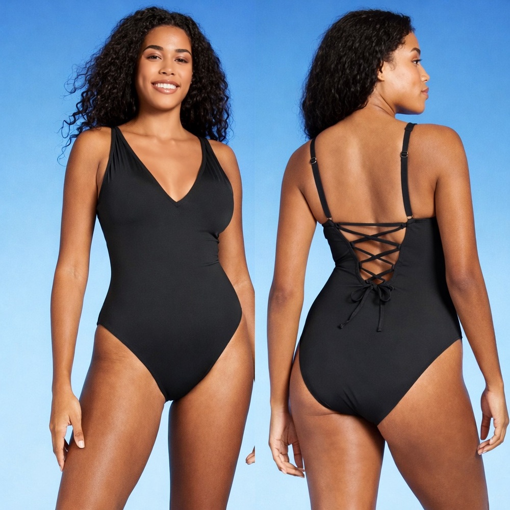 NWT Shade & Shore Black Shaping Plunge One Piece Swimsuit XL Resortwear